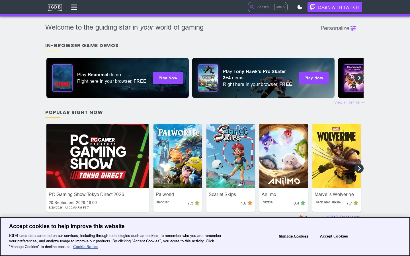 IGDB.com Homepage screenshot