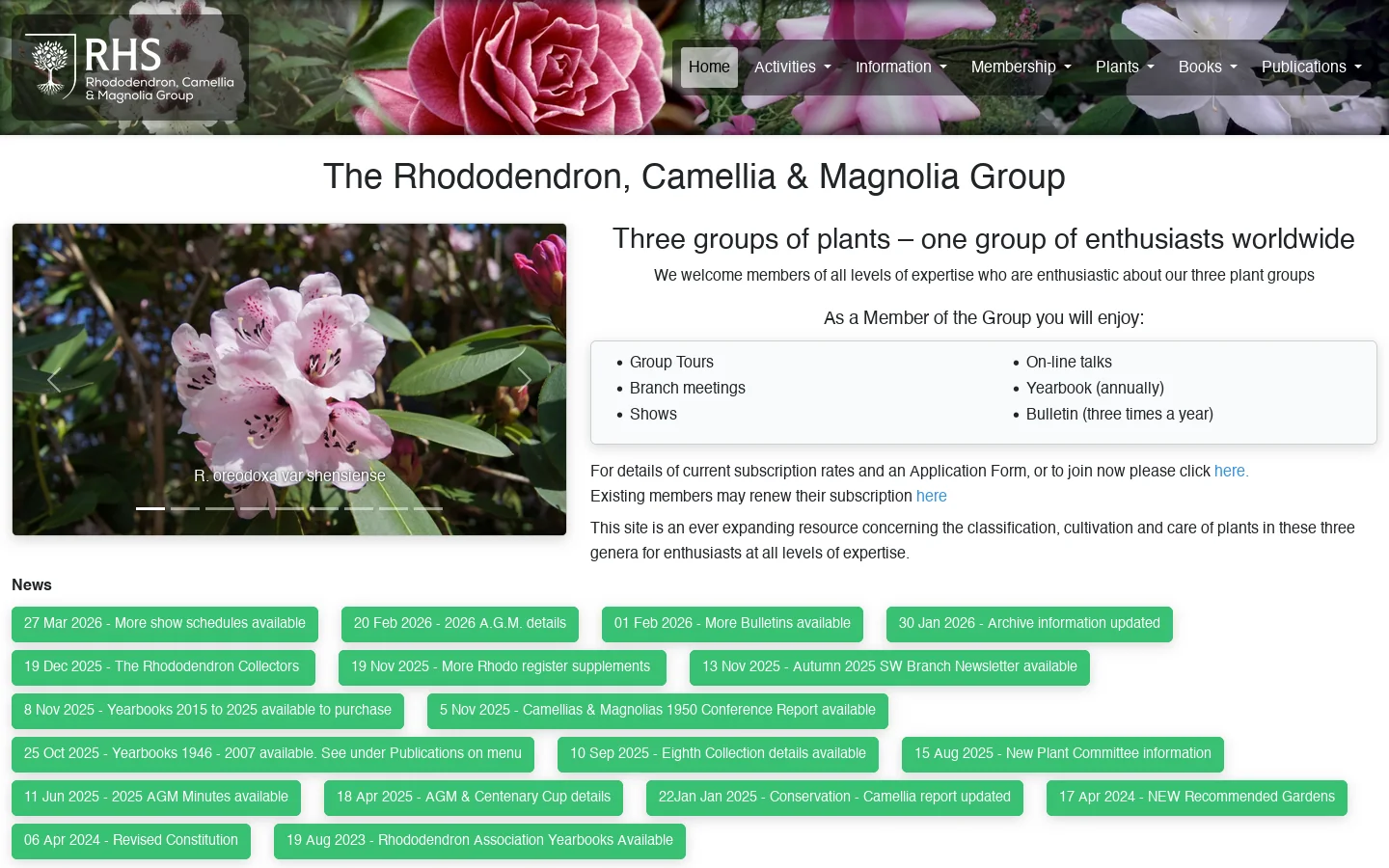 The Rhododendron, Camellia & Magnolia Group. Three groups of plants – one group of enthusiasts worldwide Homepage screenshot