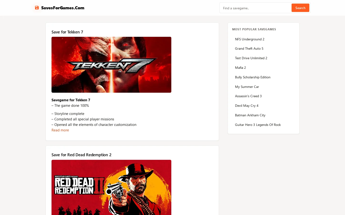 Saves For Games Homepage screenshot