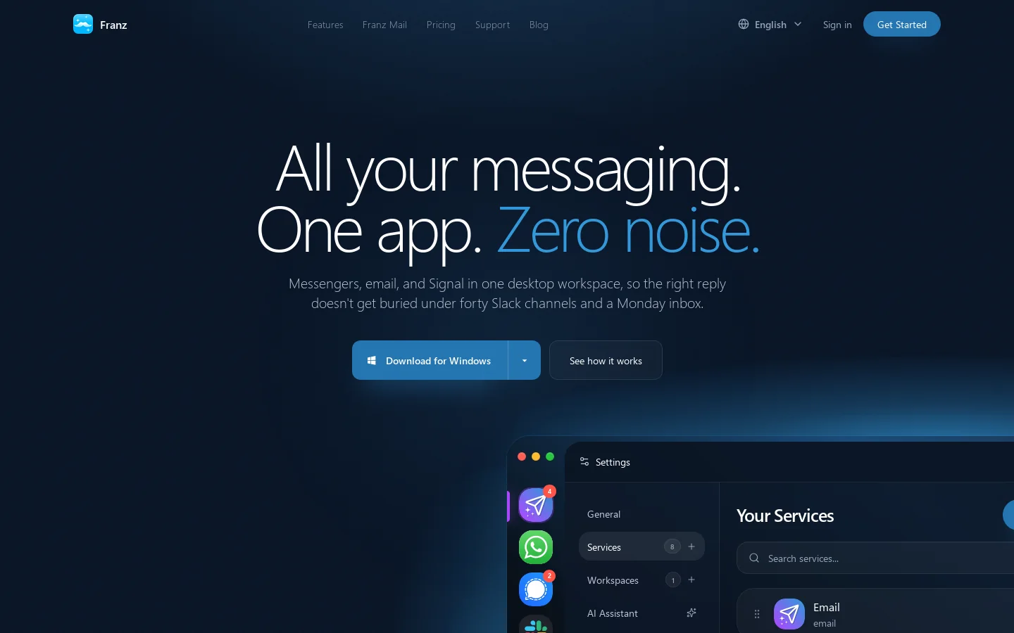 Franz: All-in-One Messaging App for Mac, Windows & Linux Homepage screenshot