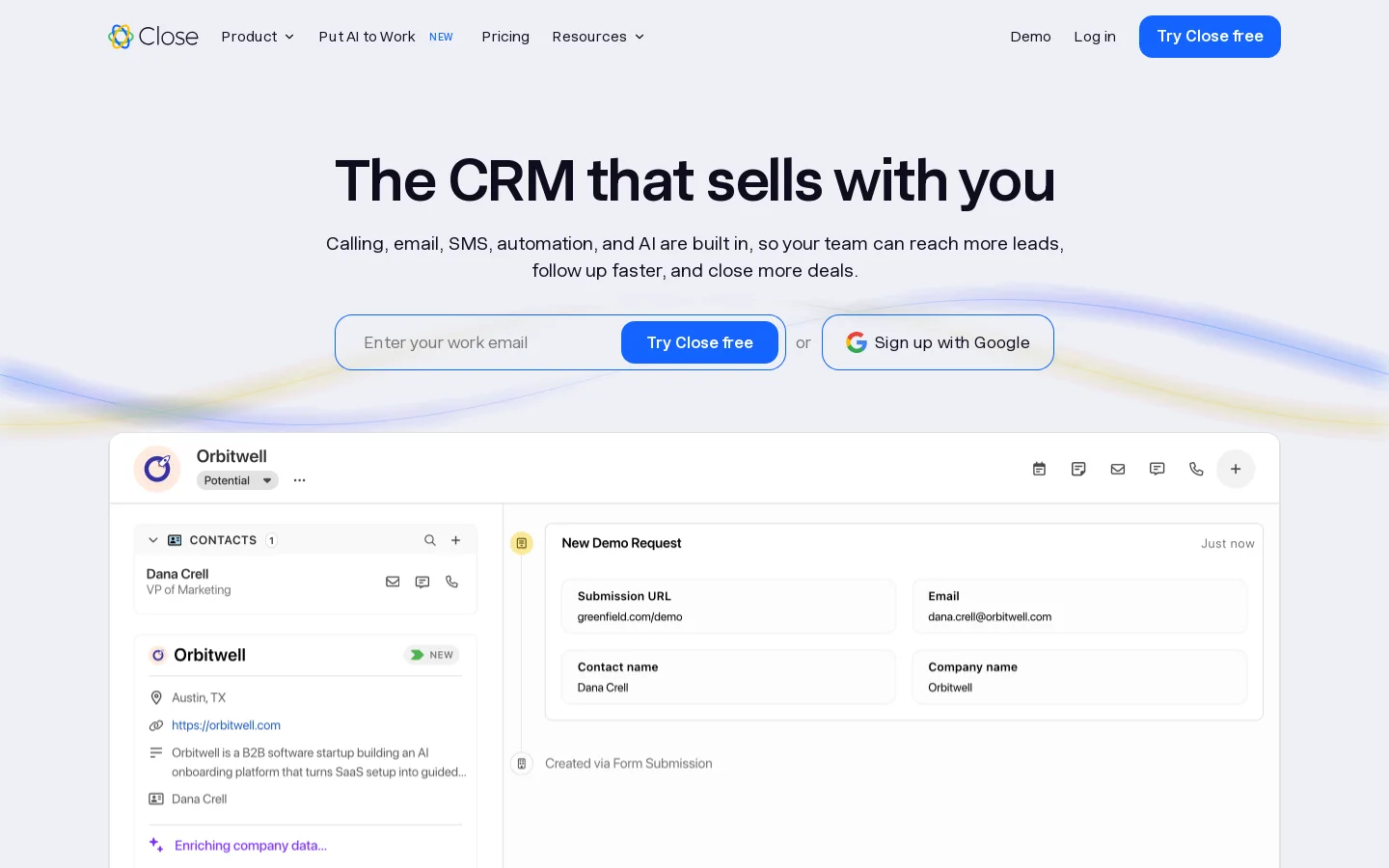 Close CRM Homepage screenshot