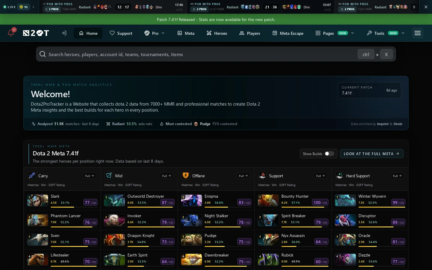 Dota2ProTracker Homepage screenshot