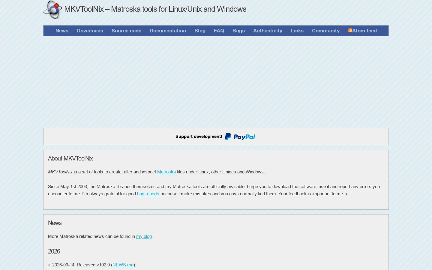MKVToolNix news Homepage screenshot
