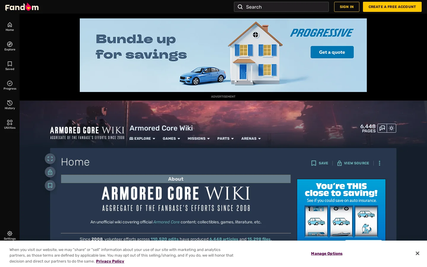 Armored Core Wiki Homepage screenshot
