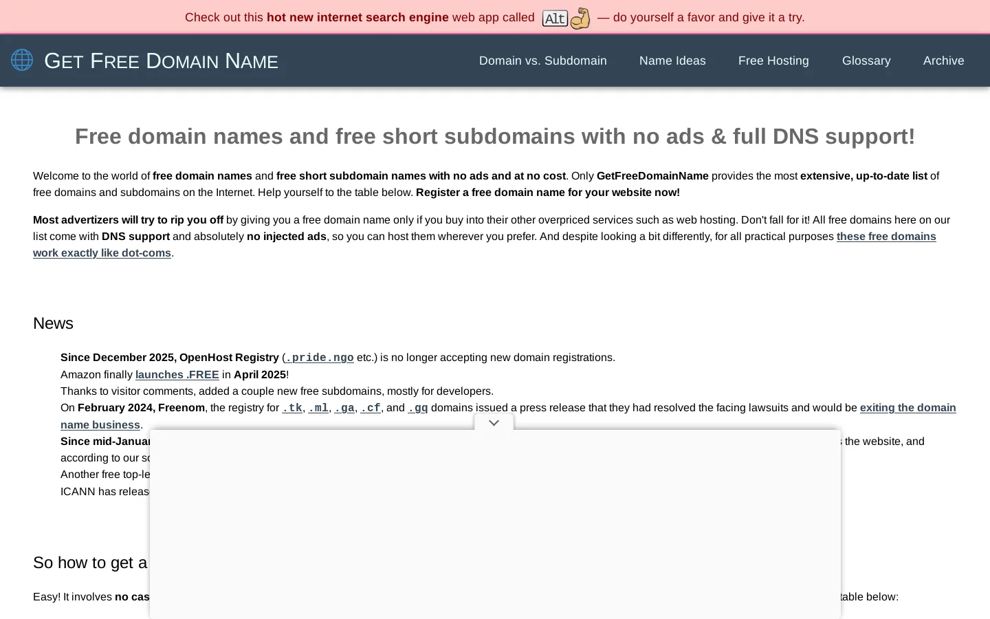 Get Free Domain Name Homepage screenshot