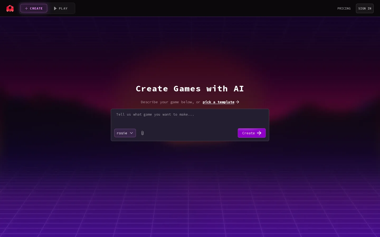 Rosebud AI Game Maker Homepage screenshot