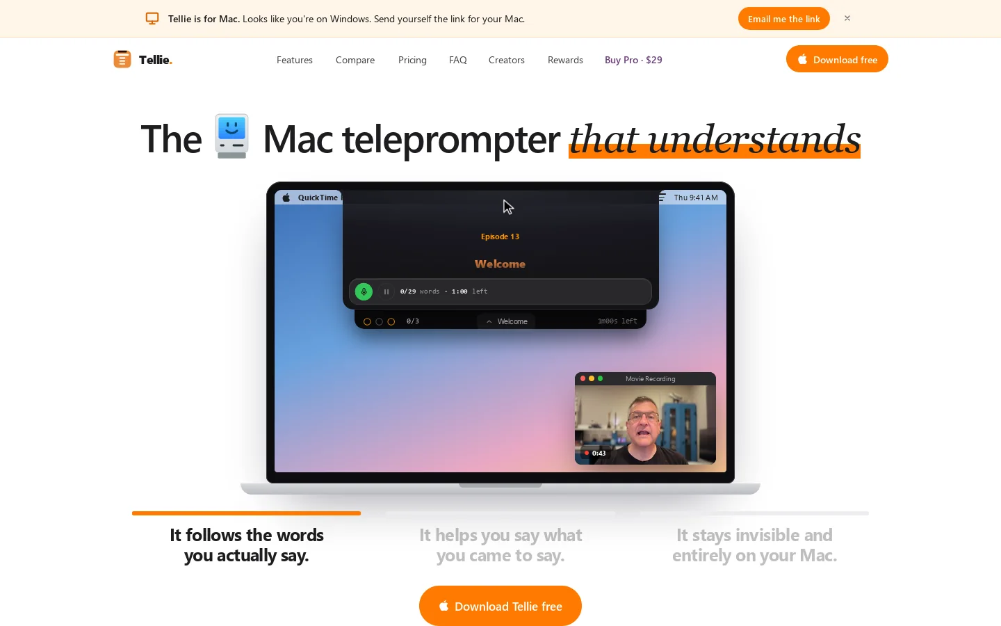 Tellie · The Mac Voice Teleprompter That Understands Homepage screenshot