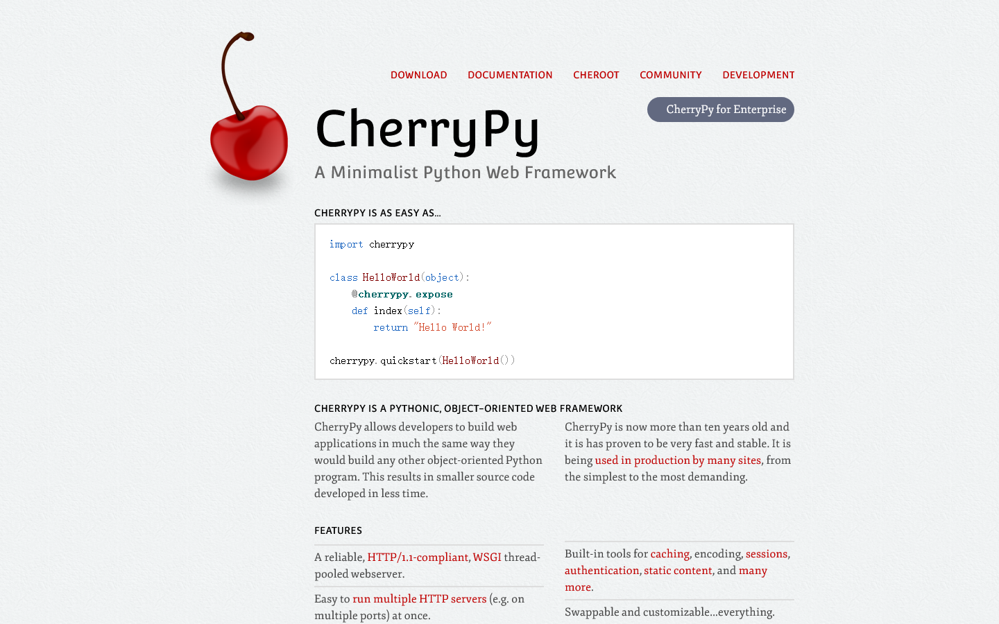 CherryPy Homepage screenshot
