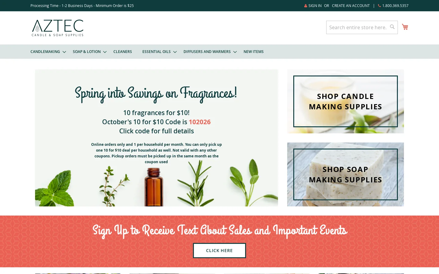 Aztec Wholesale Candle and Soap Making Supplies Homepage screenshot