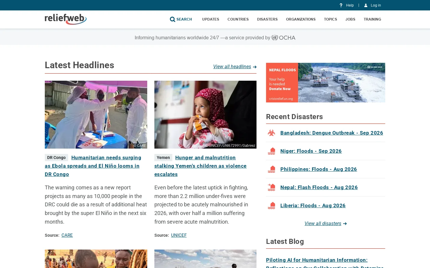 ReliefWeb Homepage screenshot
