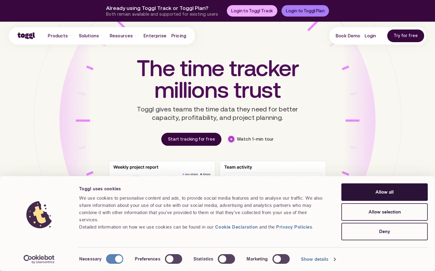 Toggl Homepage screenshot