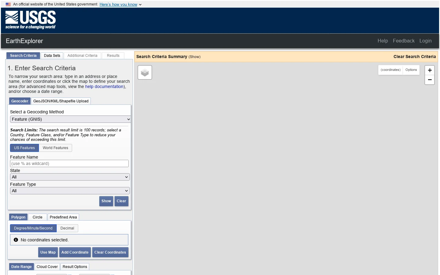 EarthExplorer Homepage screenshot