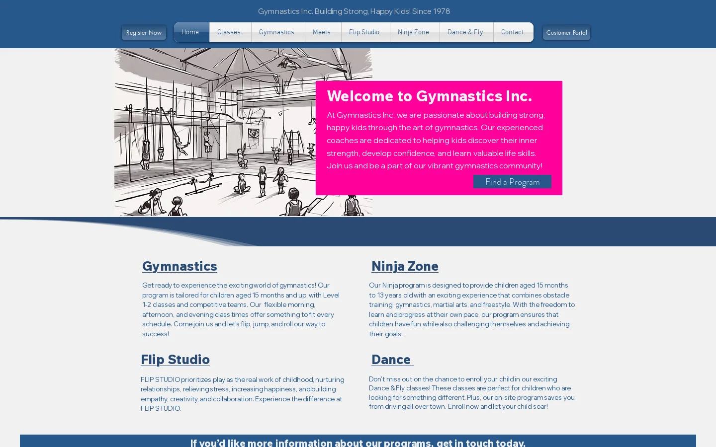 Gymnastics Inc, Homepage screenshot