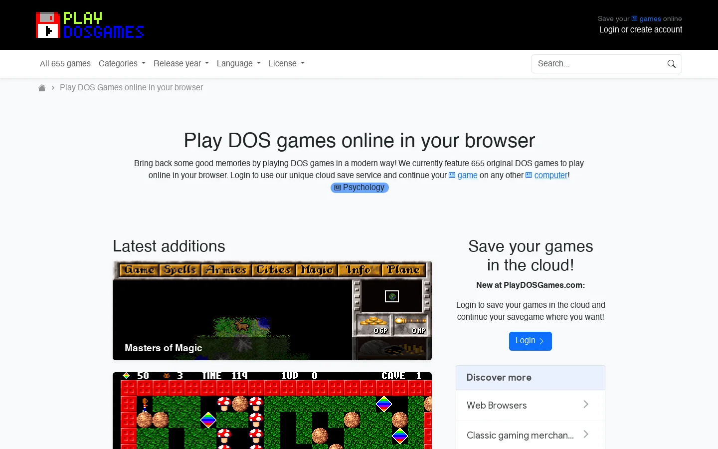 PlayDOSGames.com Homepage screenshot