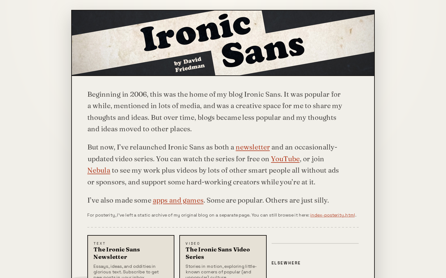 Ironic Sans Homepage screenshot