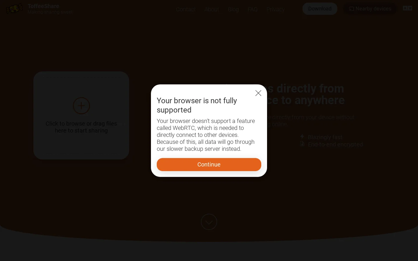 Share files privately, fast and without size limit using ToffeeShare Homepage screenshot