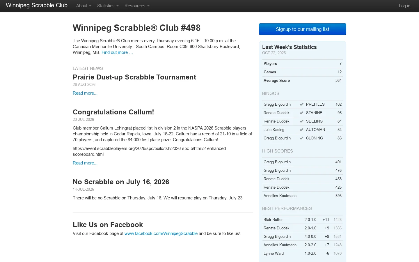 Winnipeg Scrabble Club Homepage screenshot