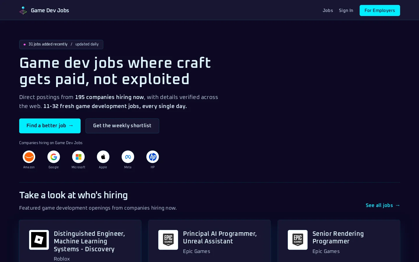 Game Dev Jobs Homepage screenshot