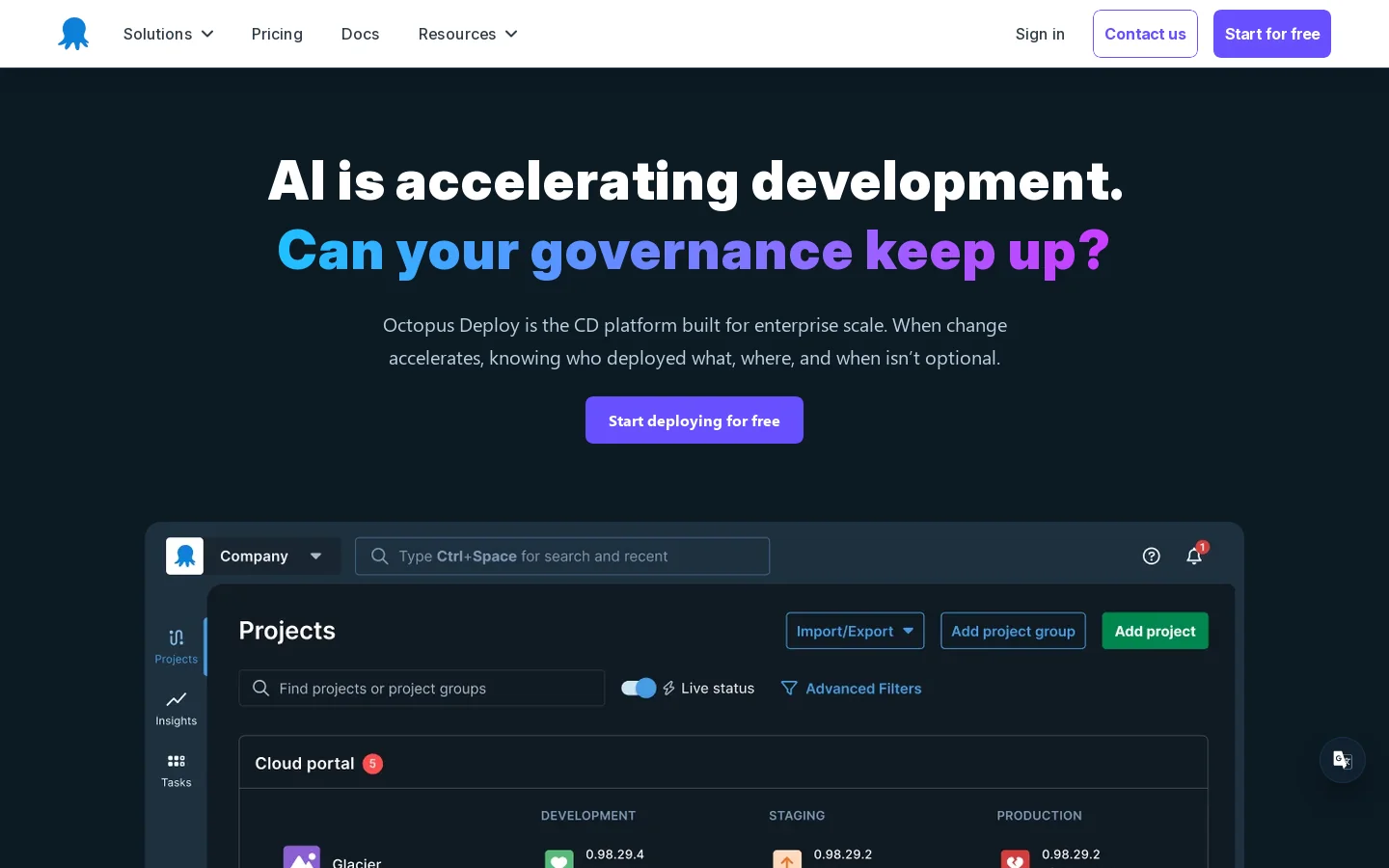 Octopus Deploy Homepage screenshot