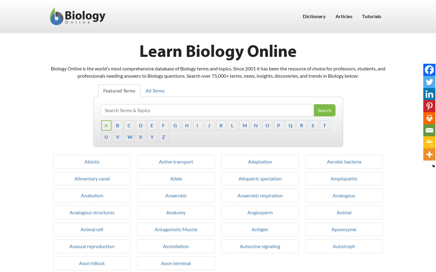 Learn Biology Online - Biology Articles, Tutorials & Dictionary Online Homepage screenshot