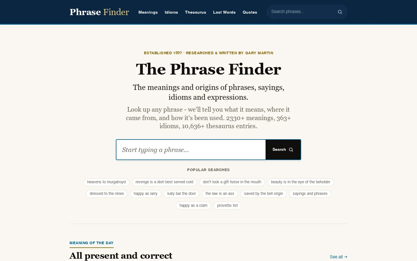 Phrases And Sayings, With Meanings And Origins Explained Homepage screenshot