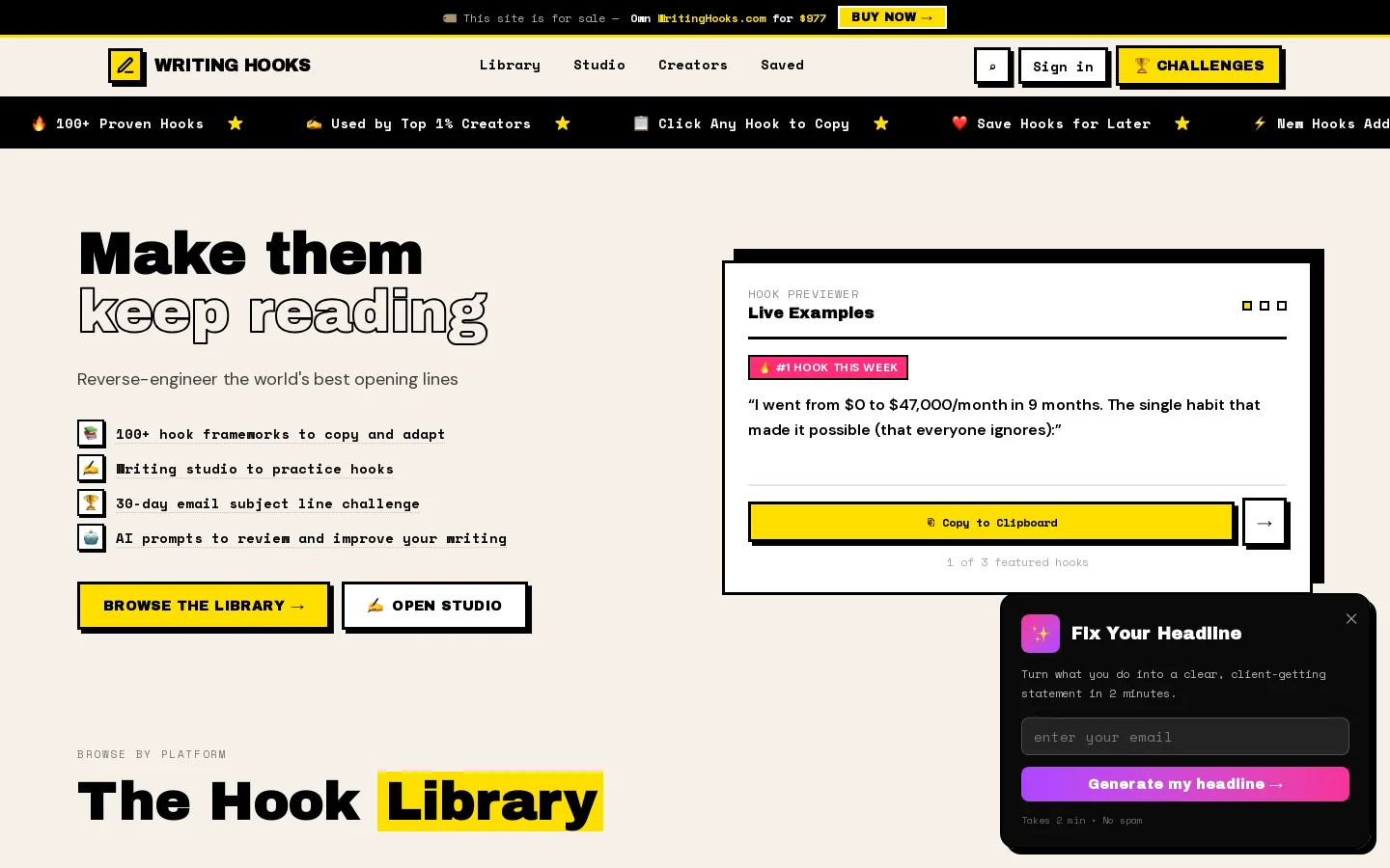 Writing Hooks Homepage screenshot