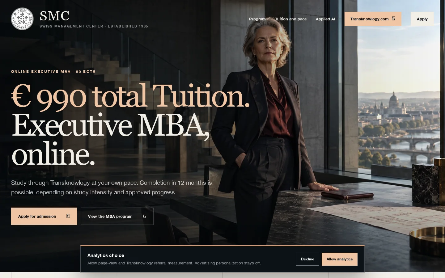 Online Executive MBA | € 990 Total Tuition | SMC Homepage screenshot