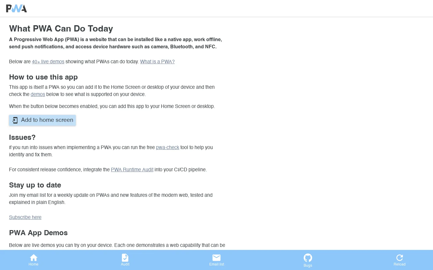 What PWA Can Do Today Homepage screenshot