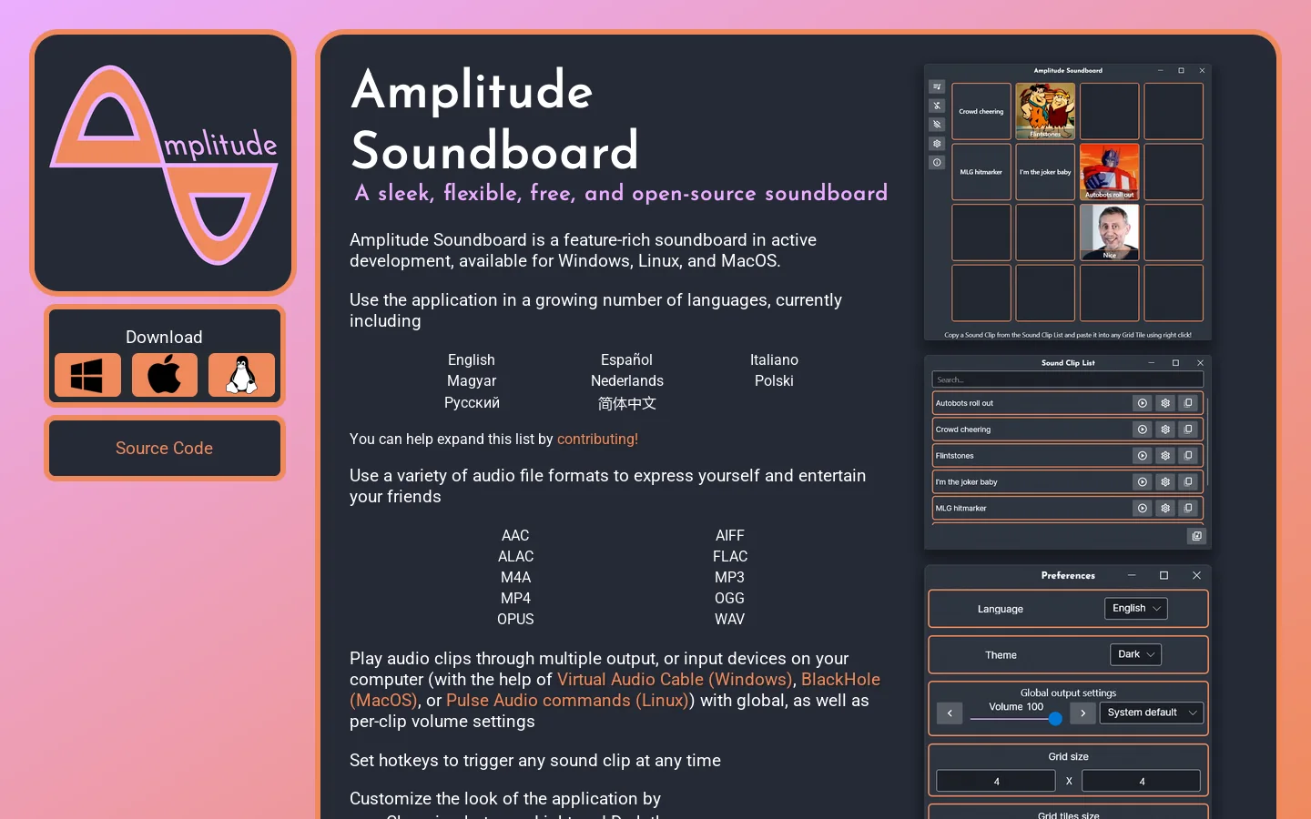Amplitude Soundboard Homepage screenshot