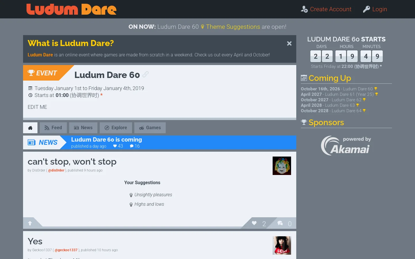 Ludum Dare ↗ The longest-running game jam; build a complete game in 48 or 72 hours. Homepage screenshot