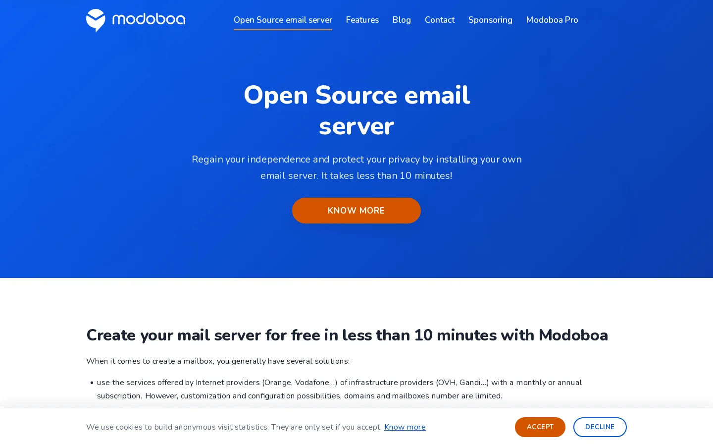 Modoboa, Open Source Email Server Homepage screenshot