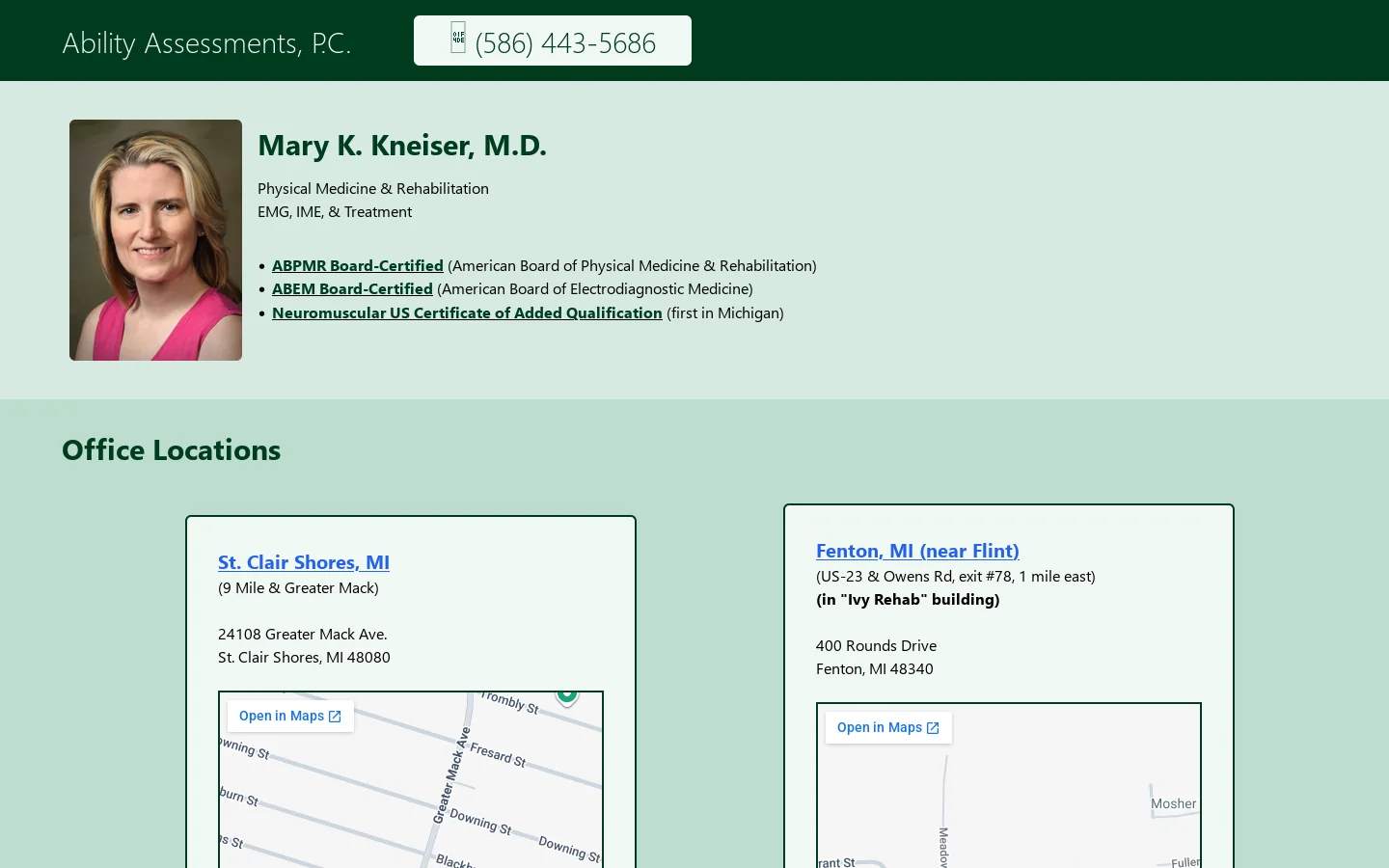 Ability Assessments, P.C. -- Dr. Mary K. Kneiser, board certified physiatrist Homepage screenshot