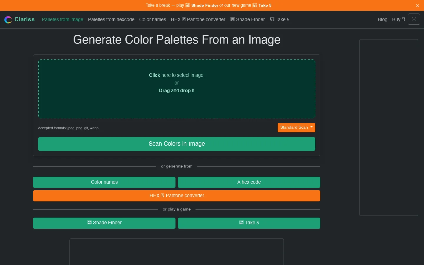 Image Color Palettes Scanner Homepage screenshot