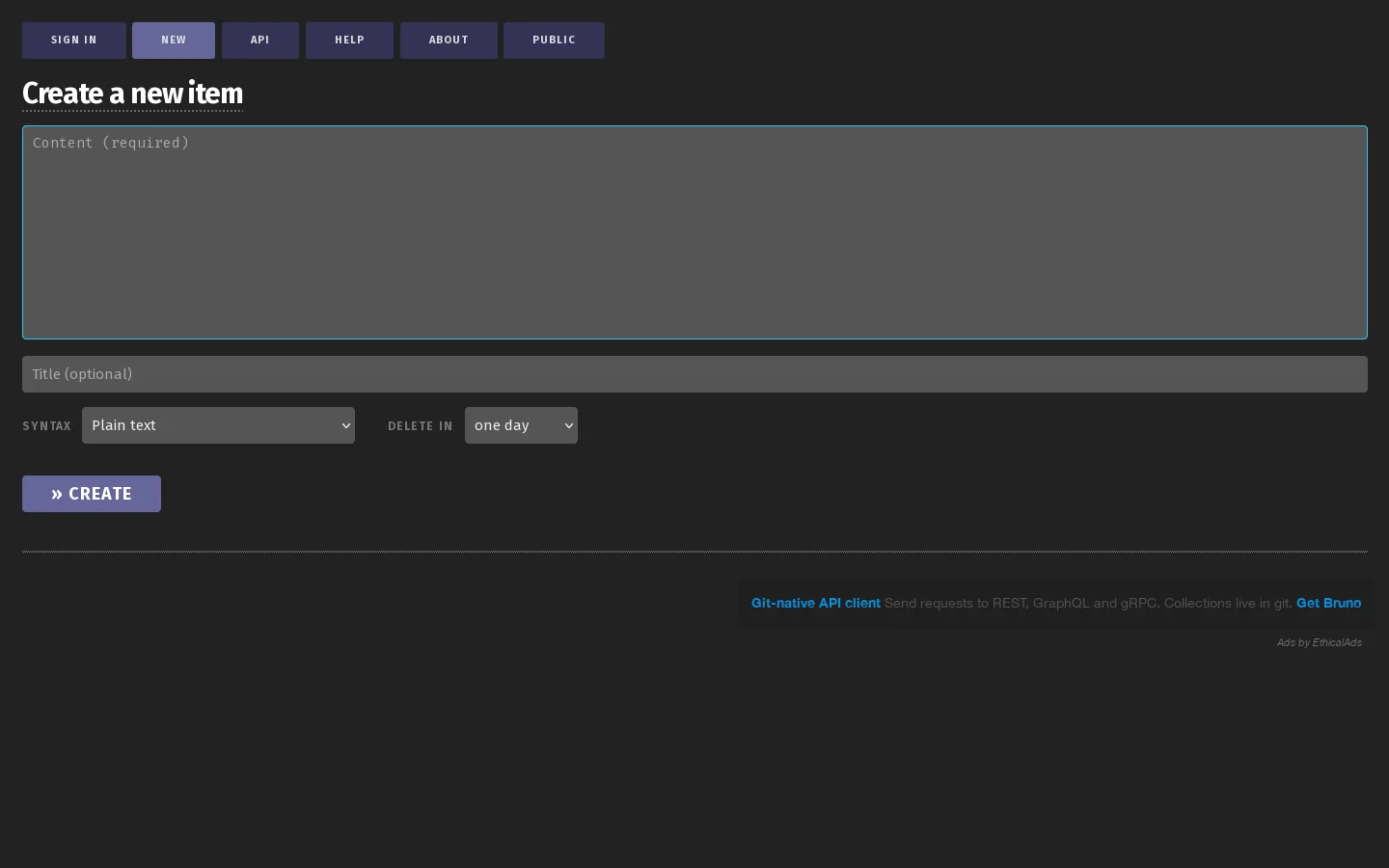 Create a new item Homepage screenshot