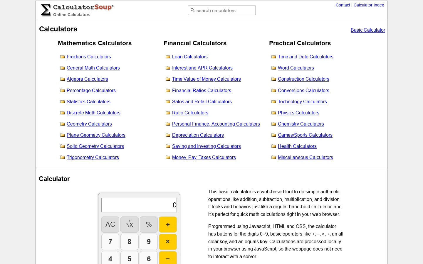 Calculator Soup Homepage screenshot
