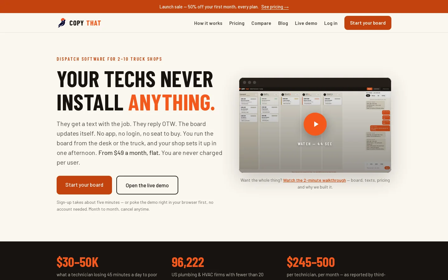 Dispatch Software for Small Service Businesses | CopyThat Homepage screenshot