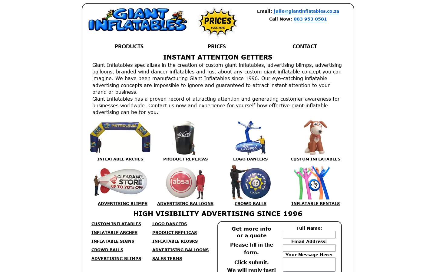 Giant Inflatables Homepage screenshot