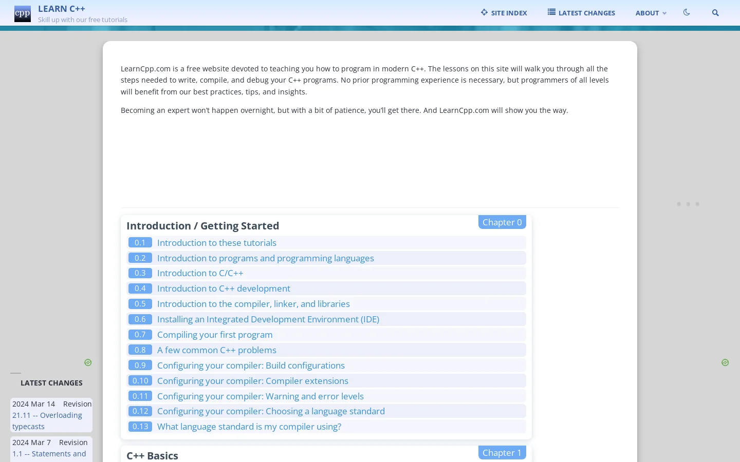 Learn C++ – Skill up with our free tutorials Homepage screenshot