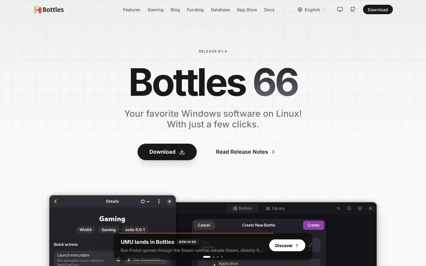 Bottles - Run Windows Software on Linux Homepage screenshot
