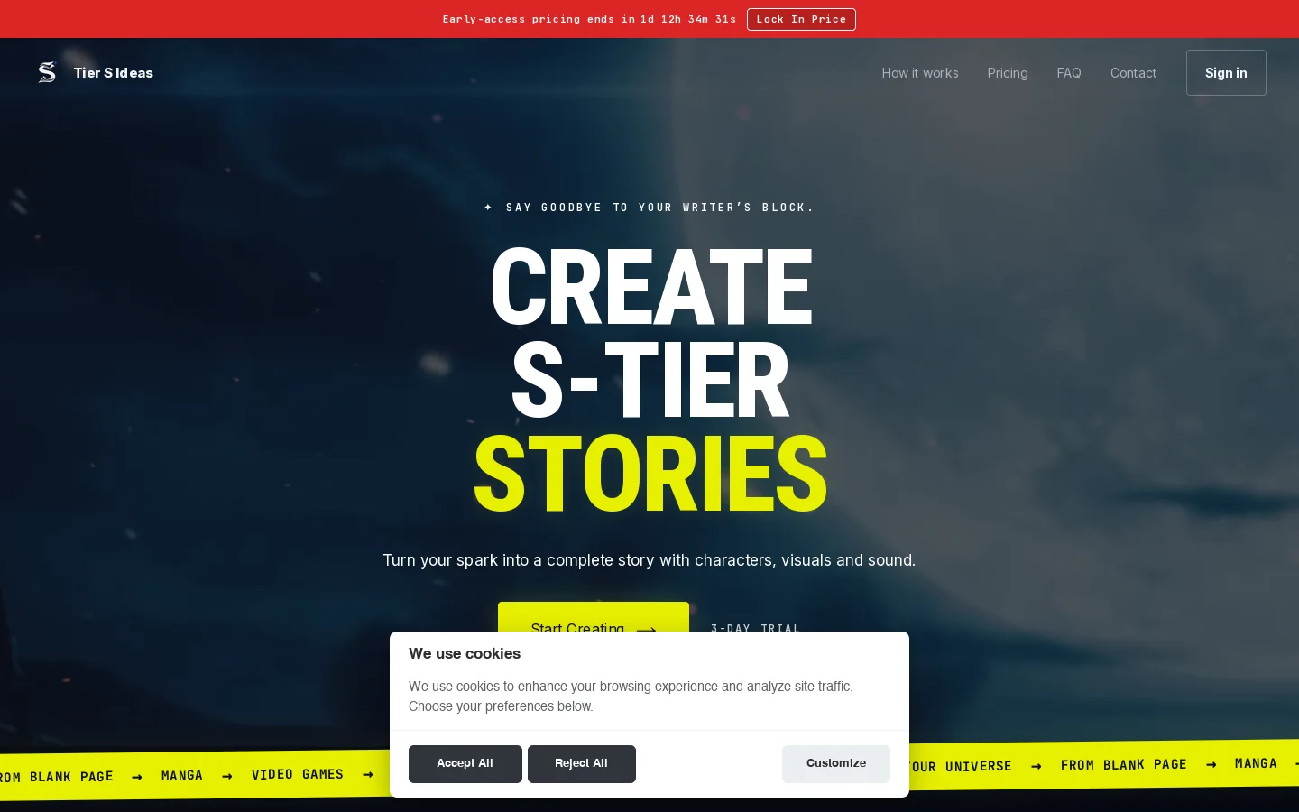 Creative AI Workspace for Manga, Anime, Novels & Games | Tier S Ideas Homepage screenshot