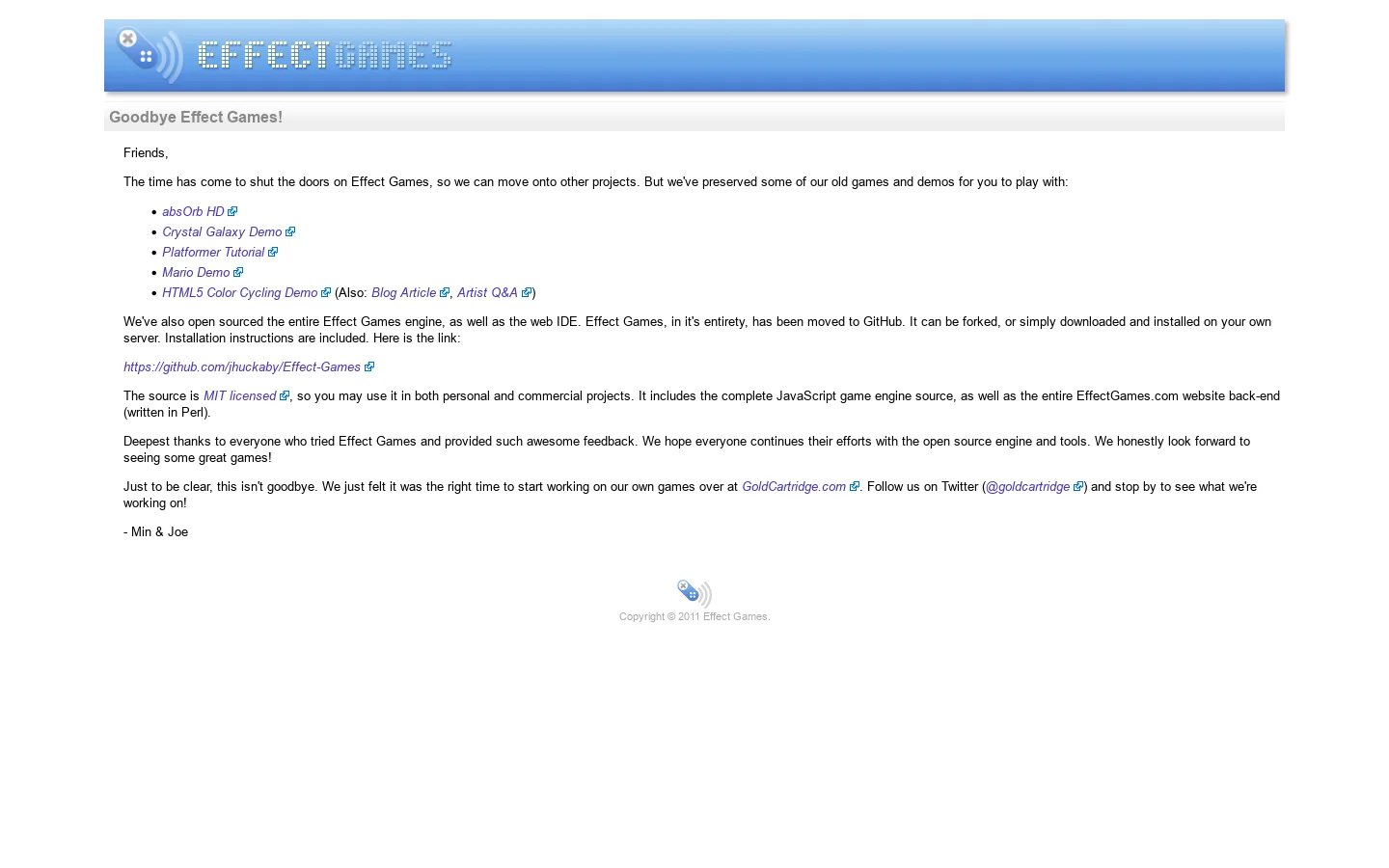 Goodbye Effect Games Homepage screenshot