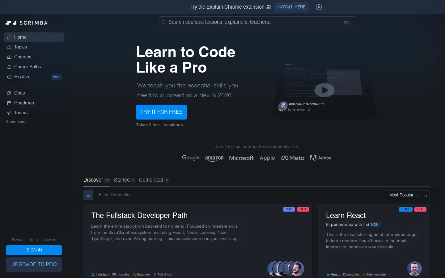Learn to code with Scrimba Homepage screenshot