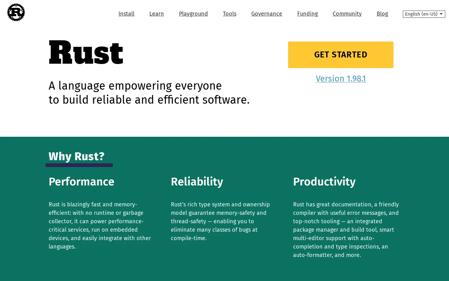 Rust Programming Language Homepage screenshot