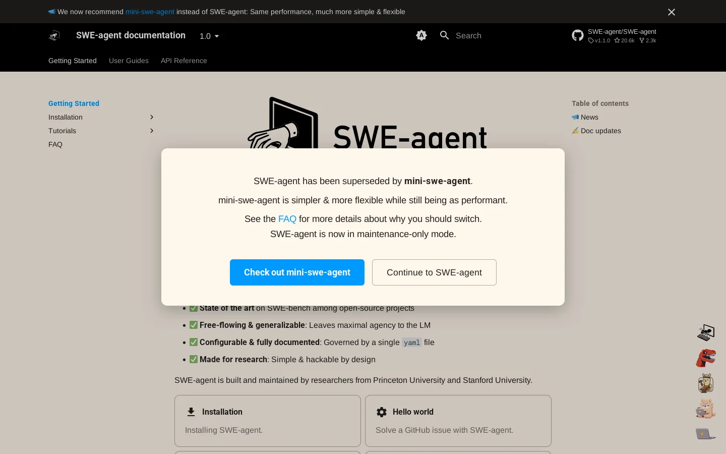 SWE-agent documentation Homepage screenshot