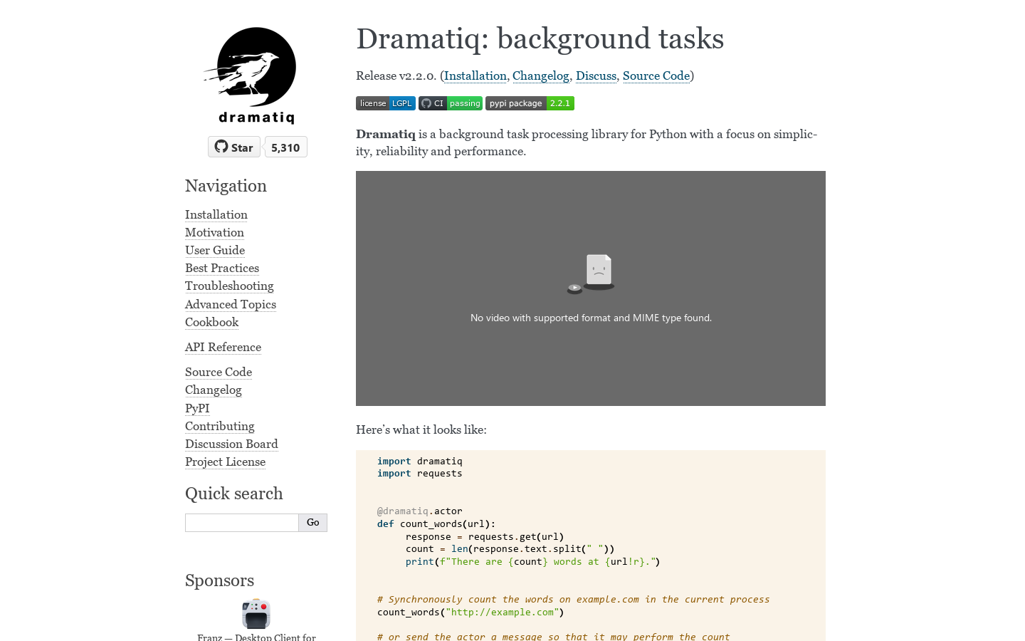 Dramatiq Homepage screenshot
