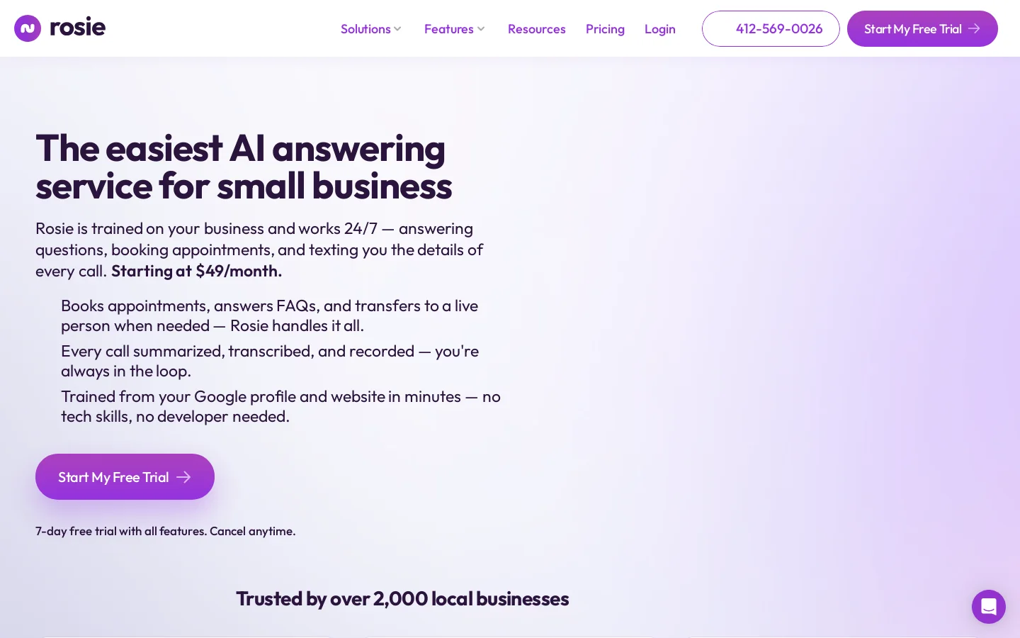 Rosie AI Call Answering Service | 24/7 Phone Support From $49 Homepage screenshot