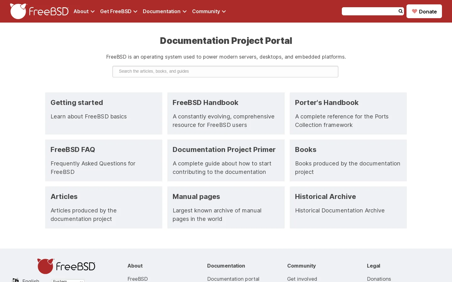 https://docs.freebsd.org/en/ Homepage screenshot