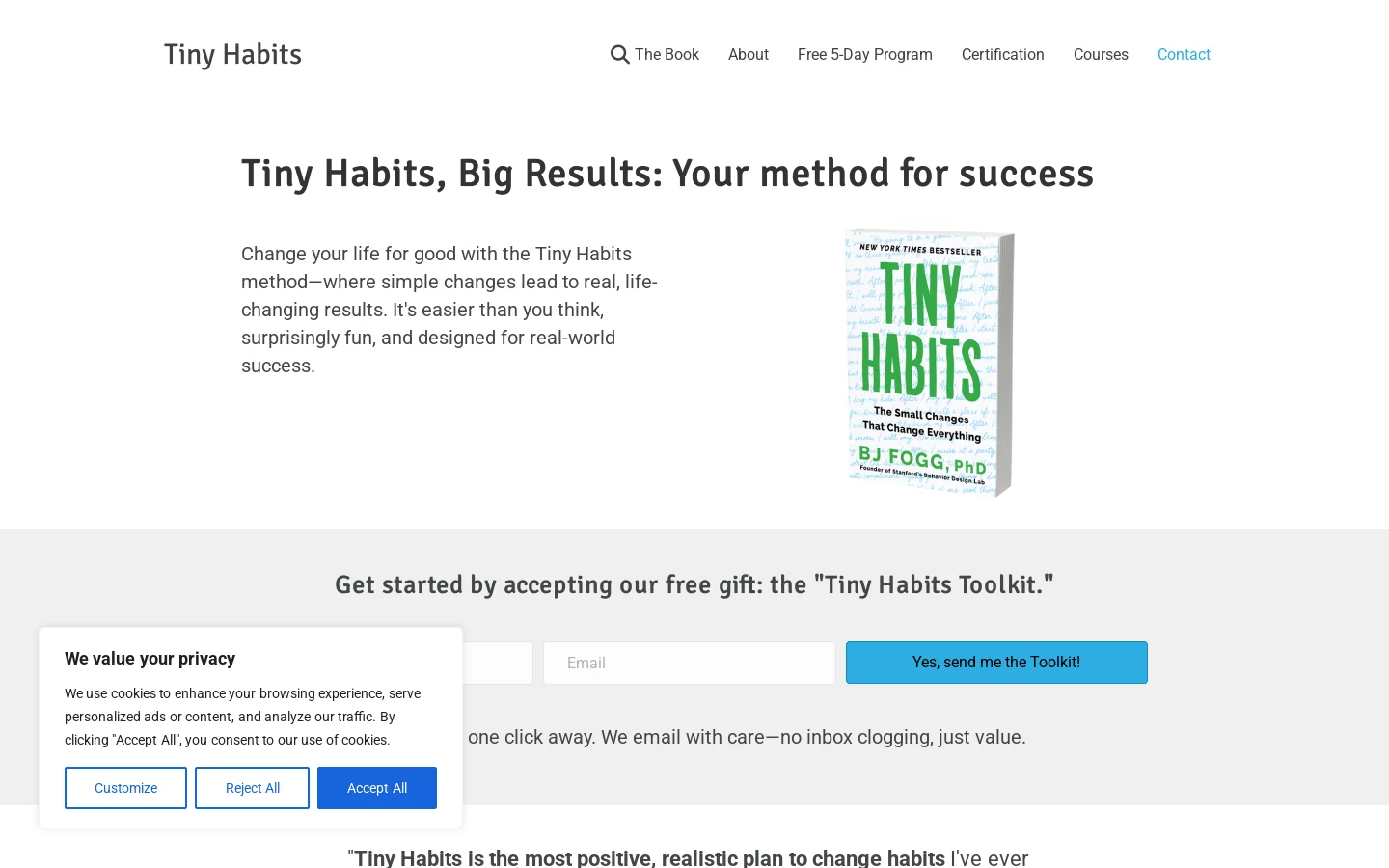 Tiny Habits Homepage screenshot