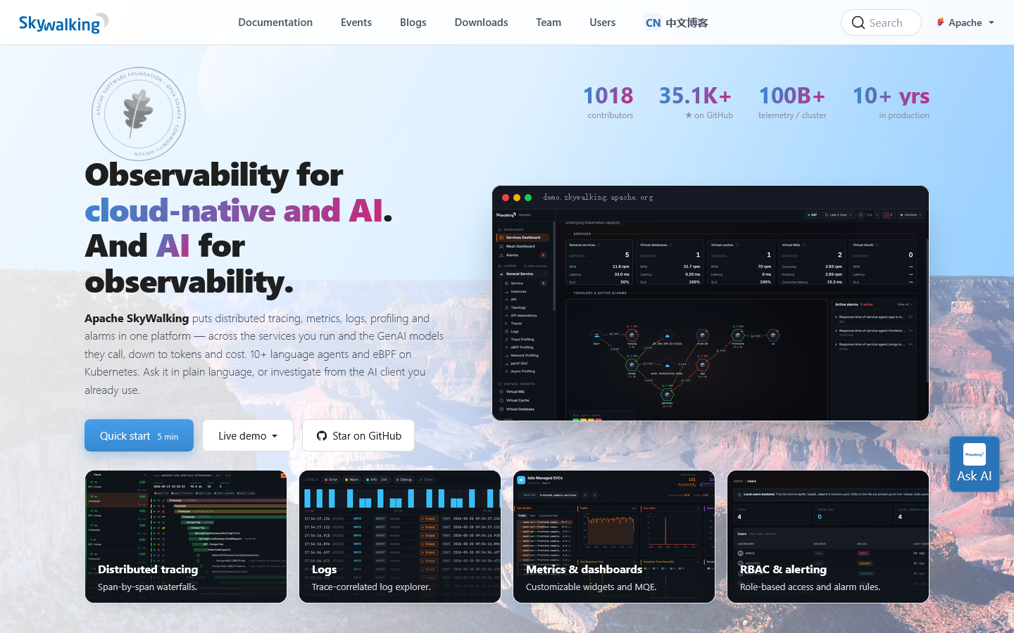 Apache SkyWalking — Observability for cloud-native and AI Homepage screenshot