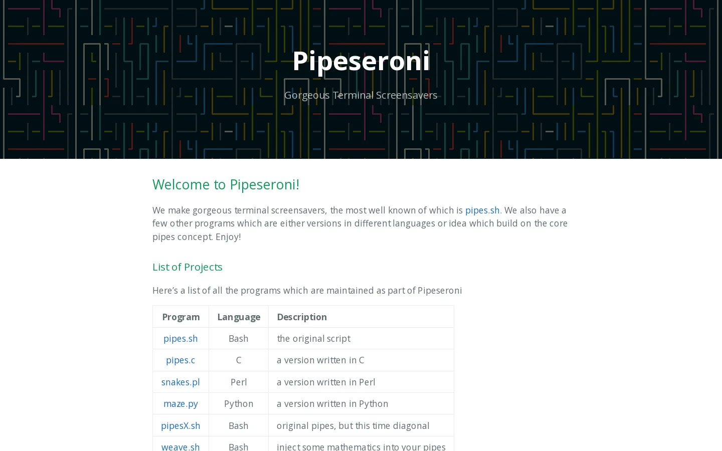 Pipeseroni Homepage screenshot